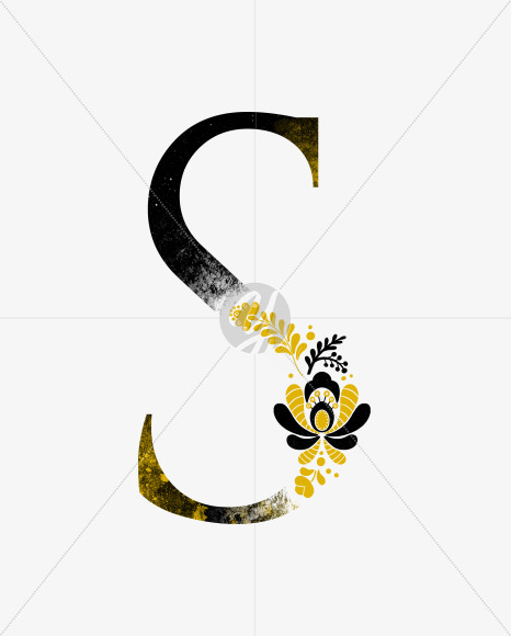 Letter S from Scandinavian Folk Alphabet with yellow floristic decor on Yellow Images Creative Fonts - S47081