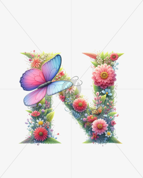 Letter N from Butterfly Alphabet on Yellow Images Creative Fonts - S82359