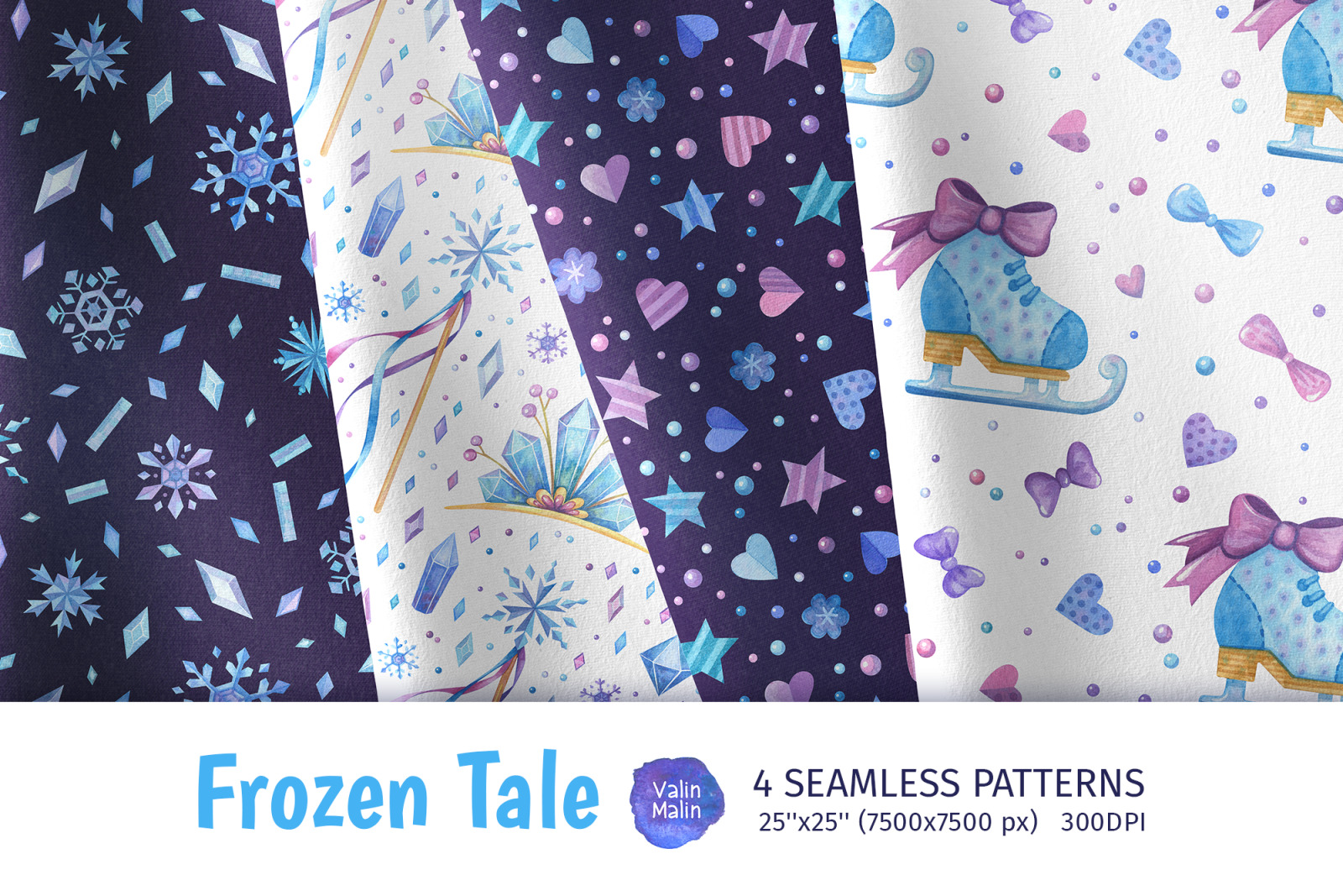 Snowflakes seamless patterns. Watercolor Christmas clipart for winter stickers, frozen stickers.