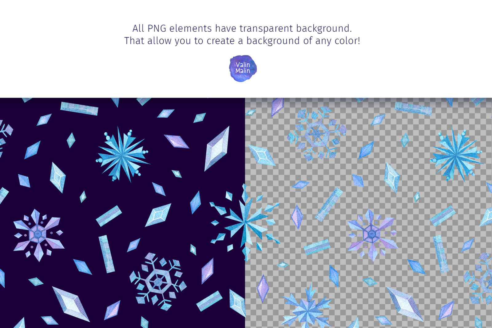 Snowflakes seamless patterns. Watercolor Christmas clipart for winter stickers, frozen stickers.