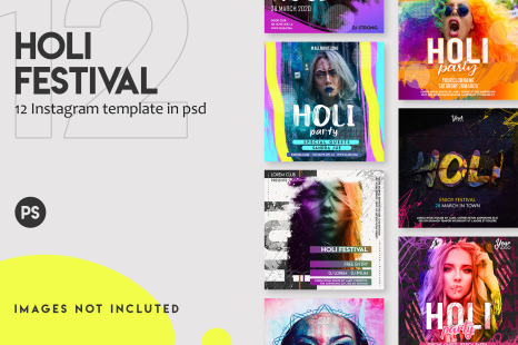 12 Holi festival instagram post template set - Holi