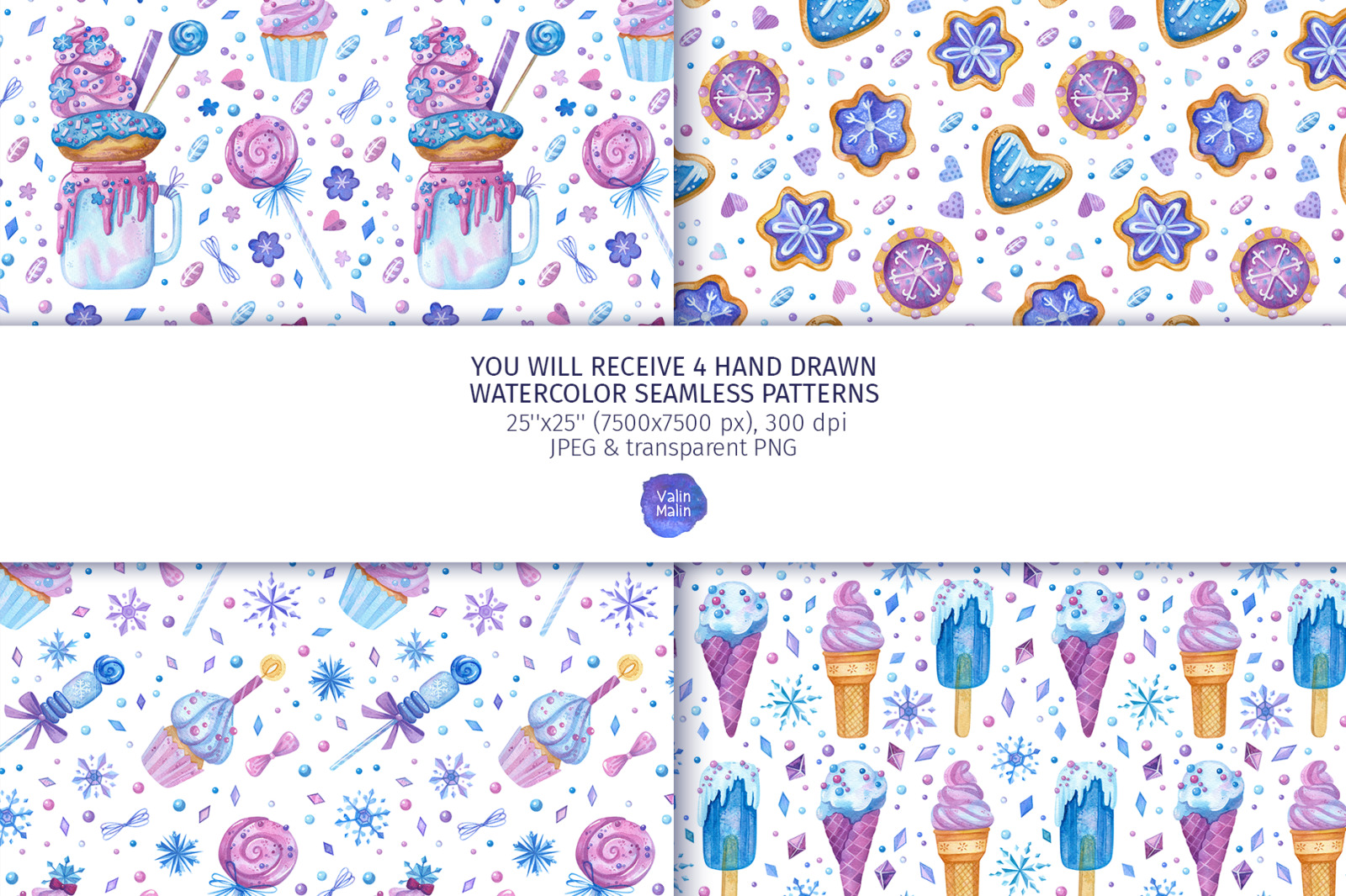 Baking clipart. Seamless patterns for birthday candy bar decoration, for planner stickers.