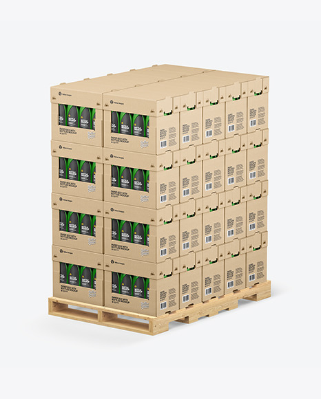 Wooden Pallet with Glossy Bottles in Paper Boxes Mockup