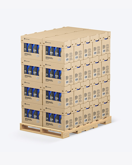 Wooden Pallet with Matte Bottles in Paper Boxes Mockup