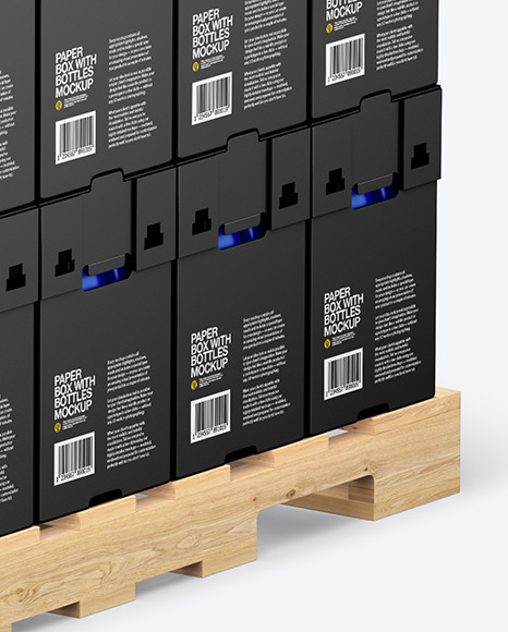 Wooden Pallet with Matte Bottles in Paper Boxes Mockup