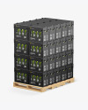 Wooden Pallet with Metallic Bottles in Paper Boxes Mockup