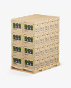 Wooden Pallet with Metallic Bottles in Paper Boxes Mockup