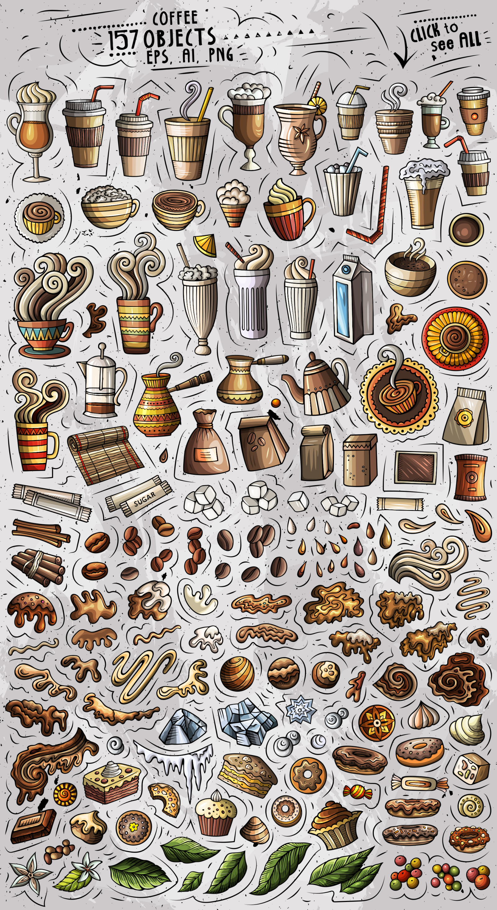 266 Coffee Cartoon Objects Set