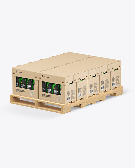 Wooden Pallet with Glossy Bottles in Paper Boxes Mockup