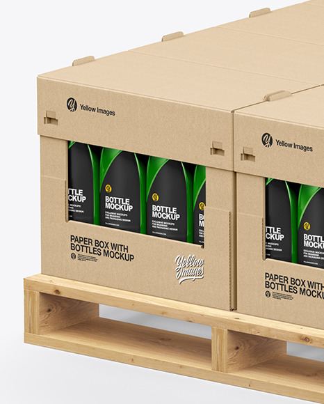 Wooden Pallet with Glossy Bottles in Paper Boxes Mockup