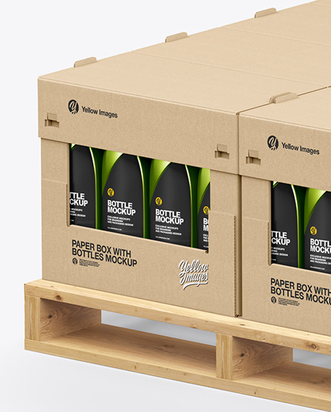 Wooden Pallet with Metallic Bottles in Paper Boxes Mockup