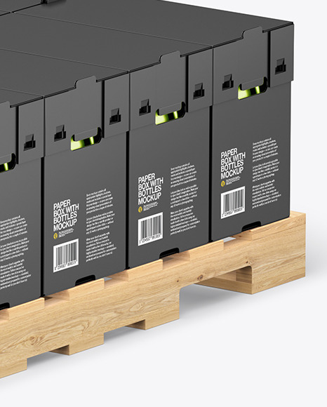 Wooden Pallet with Metallic Bottles in Paper Boxes Mockup