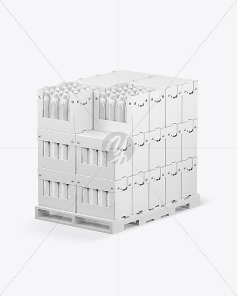 Wooden Pallet with Glossy Bottles in Paper Boxes Mockup