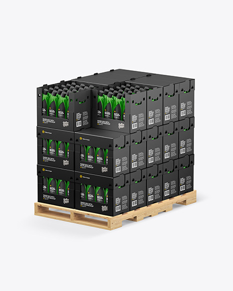 Wooden Pallet with Glossy Bottles in Paper Boxes Mockup