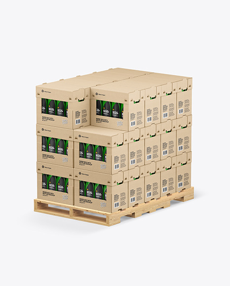 Wooden Pallet with Glossy Bottles in Paper Boxes Mockup