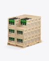 Wooden Pallet with Glossy Bottles in Paper Boxes Mockup