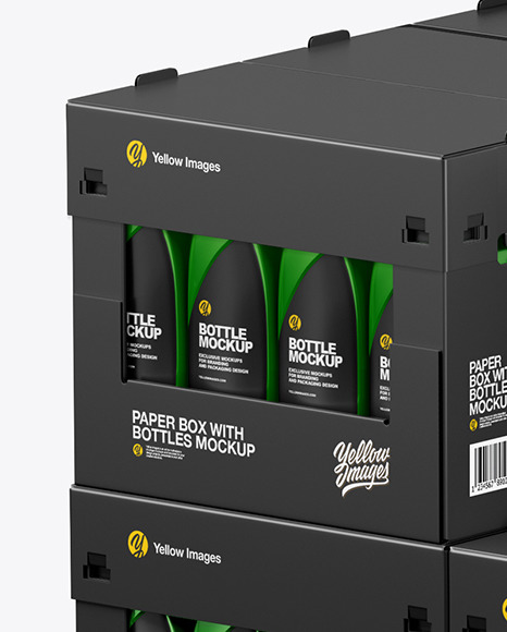 Wooden Pallet with Glossy Bottles in Paper Boxes Mockup