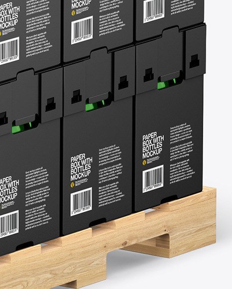 Wooden Pallet with Glossy Bottles in Paper Boxes Mockup