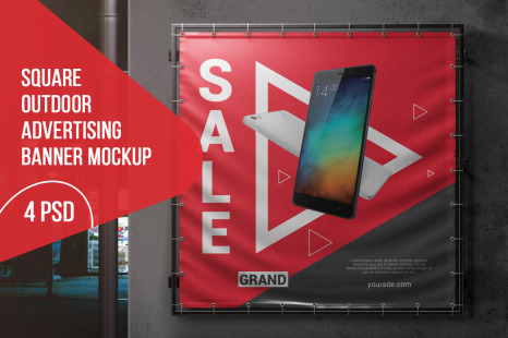 Square Outdoor Advertising Banner Mockup - Grommets