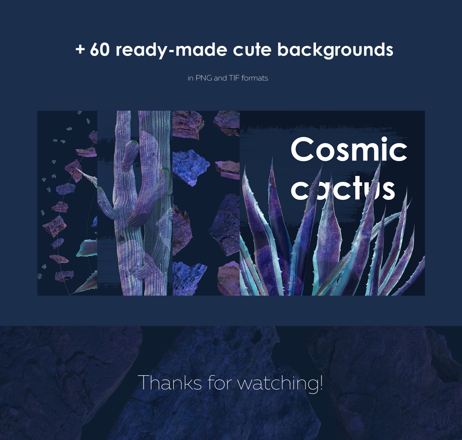 Cosmic cacti #01, 500 cactus and 120 rock mockups + 60 patterns