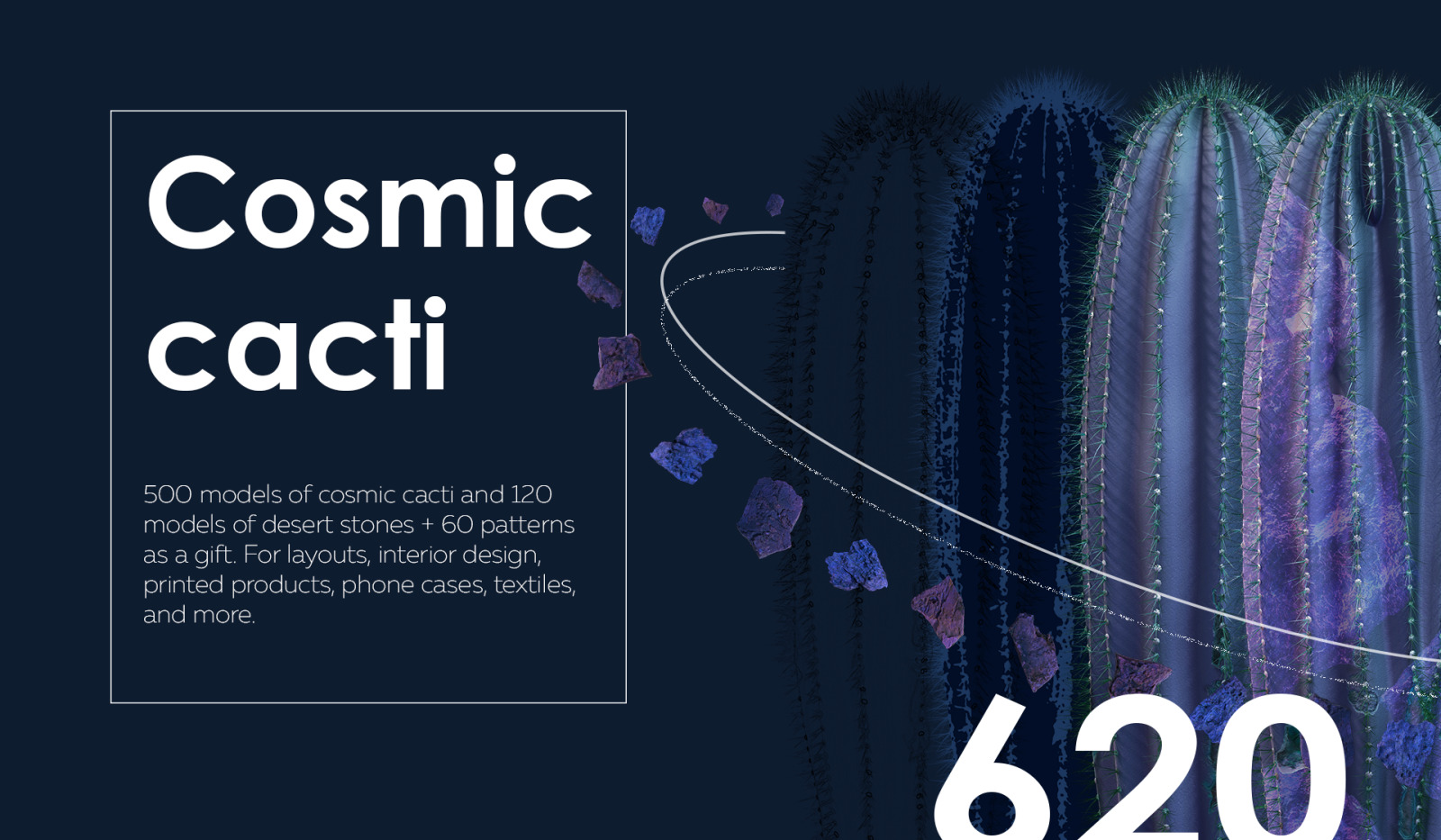 Cosmic cacti #01, 500 cactus and 120 rock mockups + 60 patterns