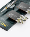 Two Business Cards &amp; Pen with Marble Mockup