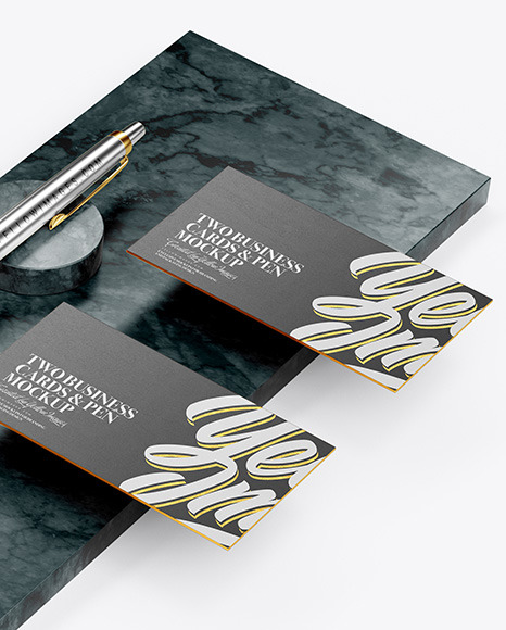 Two Business Cards &amp; Pen with Marble Mockup