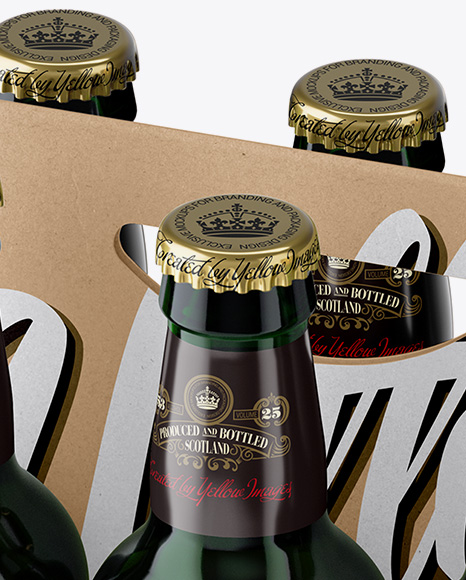 Kraft Paper 6 Pack Green Bottle Carrier Mockup - Half Side View (High Angle Shot)