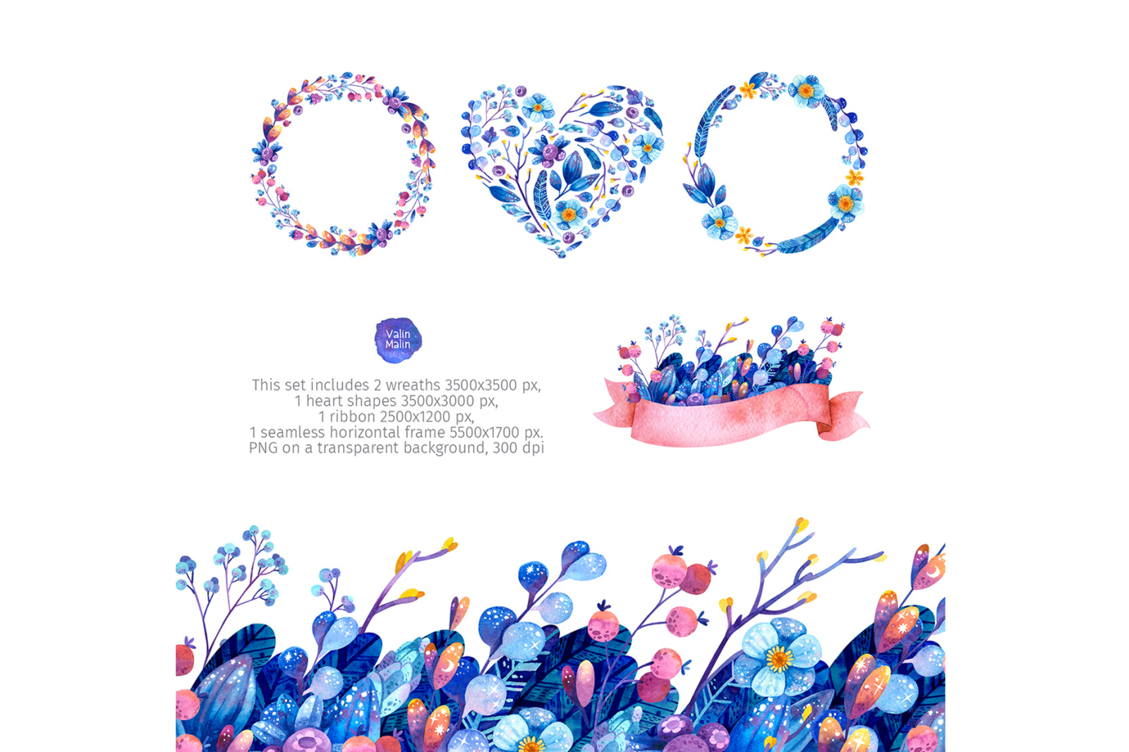 Watercolor botanical clipart, postcard templates with blue flowers