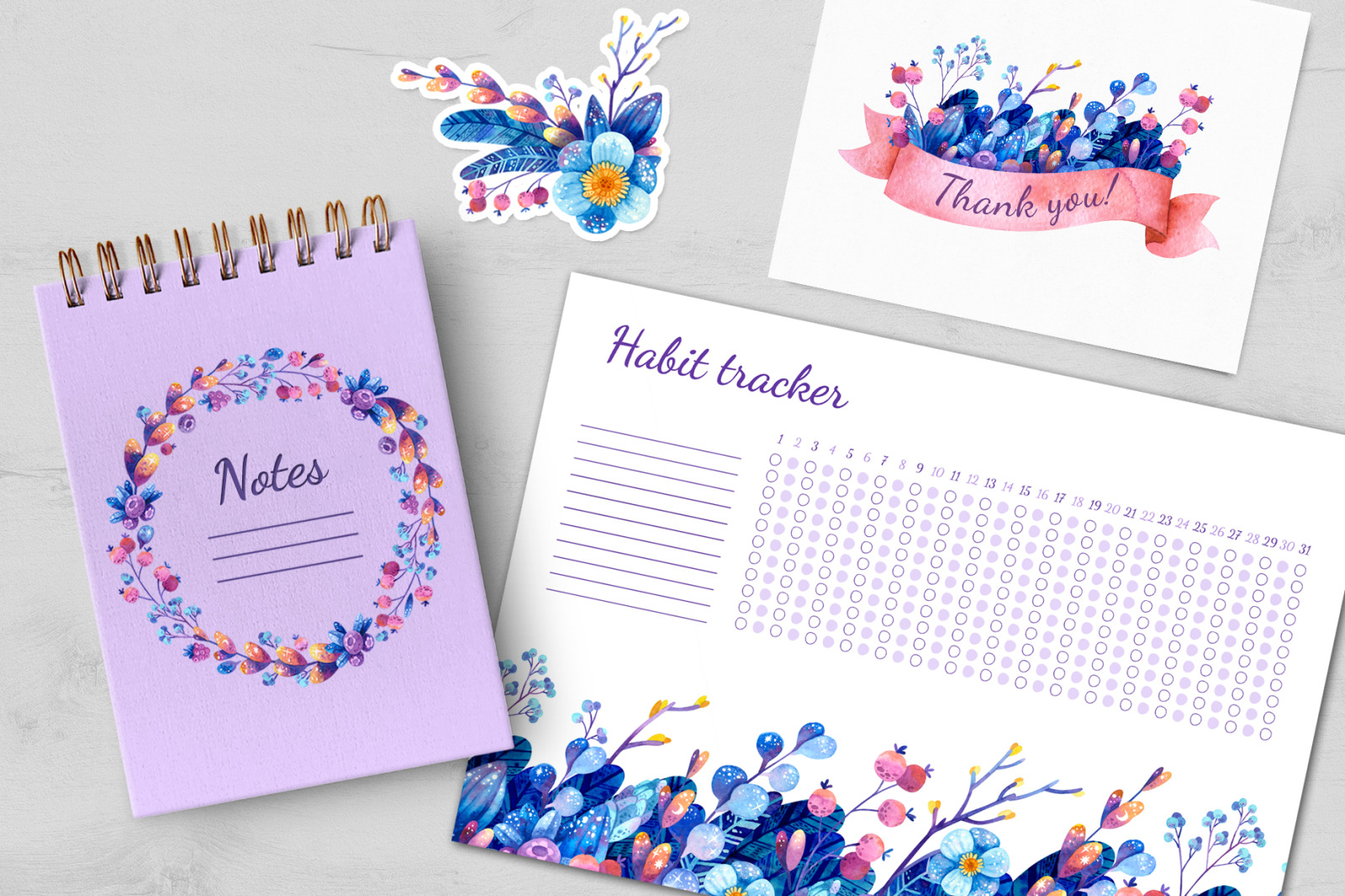 Watercolor botanical clipart, postcard templates with blue flowers