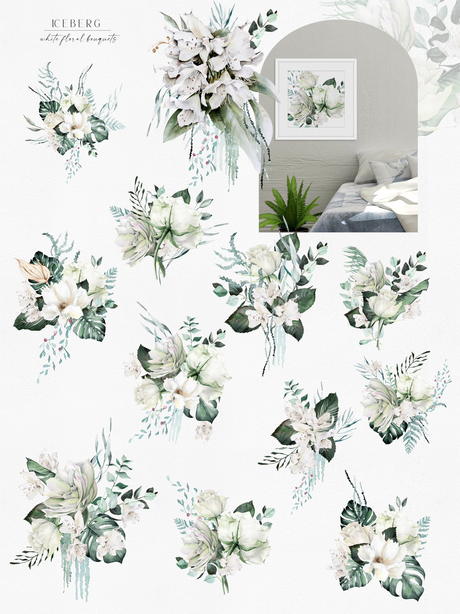 Watercolor white flowers clipart, Greenery tropical clipart with white roses for wedding invitations