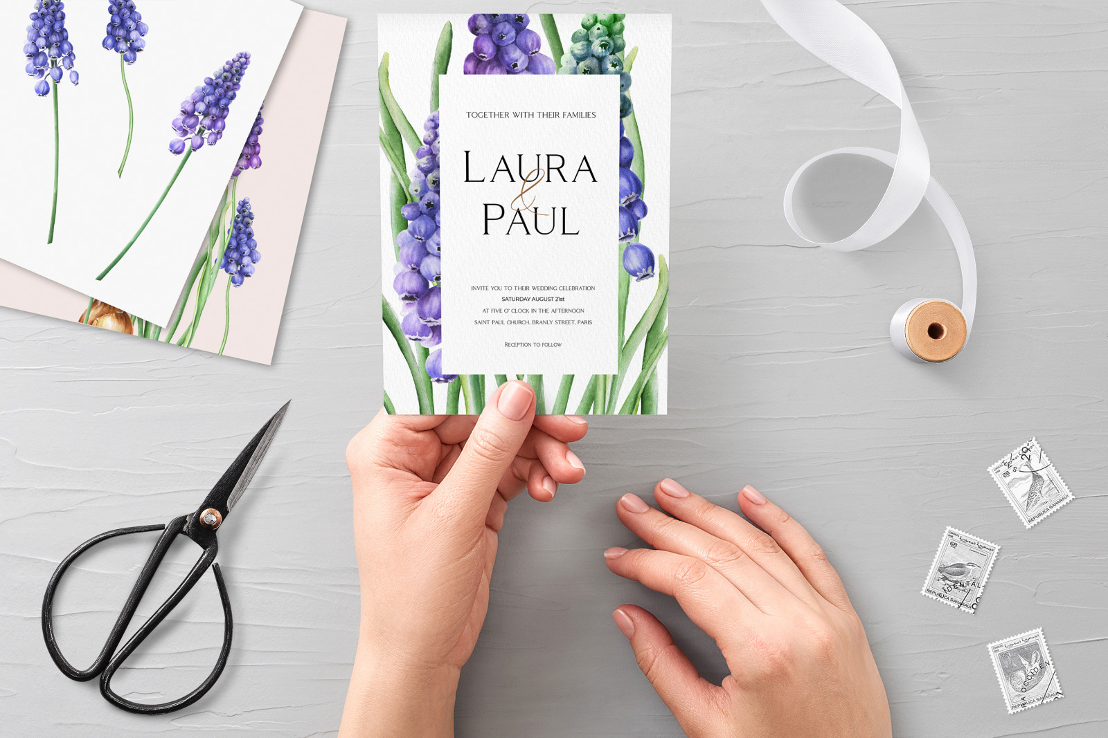 Watercolor spring floral clipart, Muscari purple flowers botanical clipart for wedding, easter, vale Watercolor spring floral clipart, Muscari purple flowers botanical clipart for wedding, easter, vale