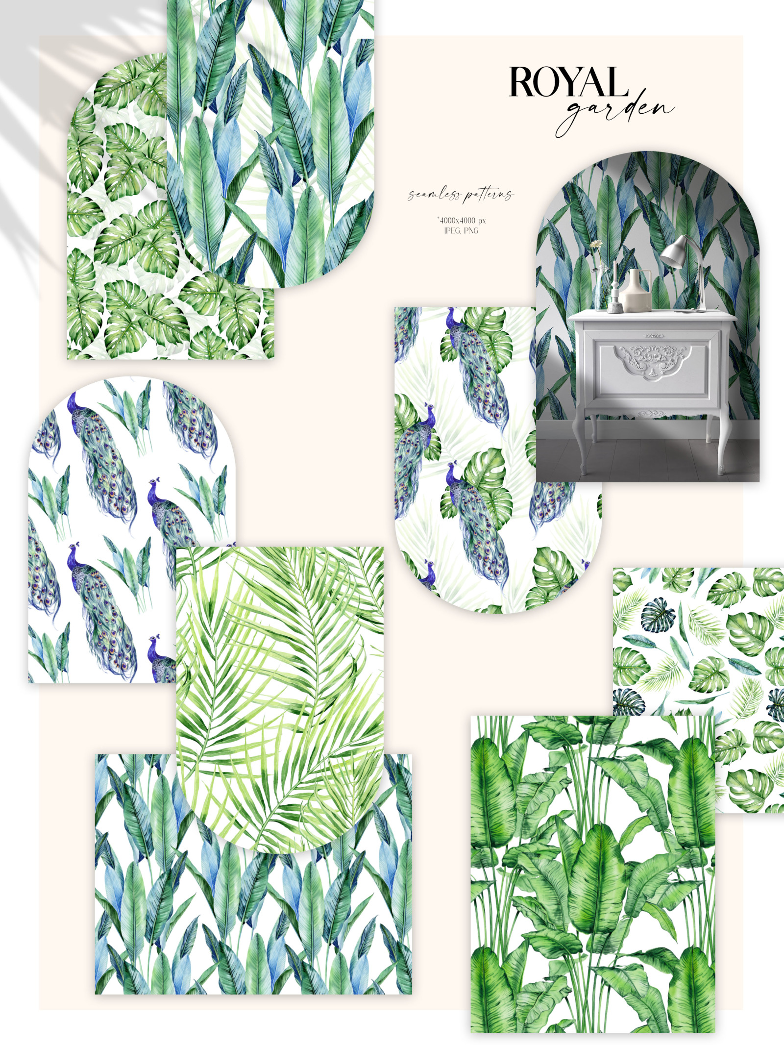 &#034;Royal Garden&#034; - modern watercolor tropical collection