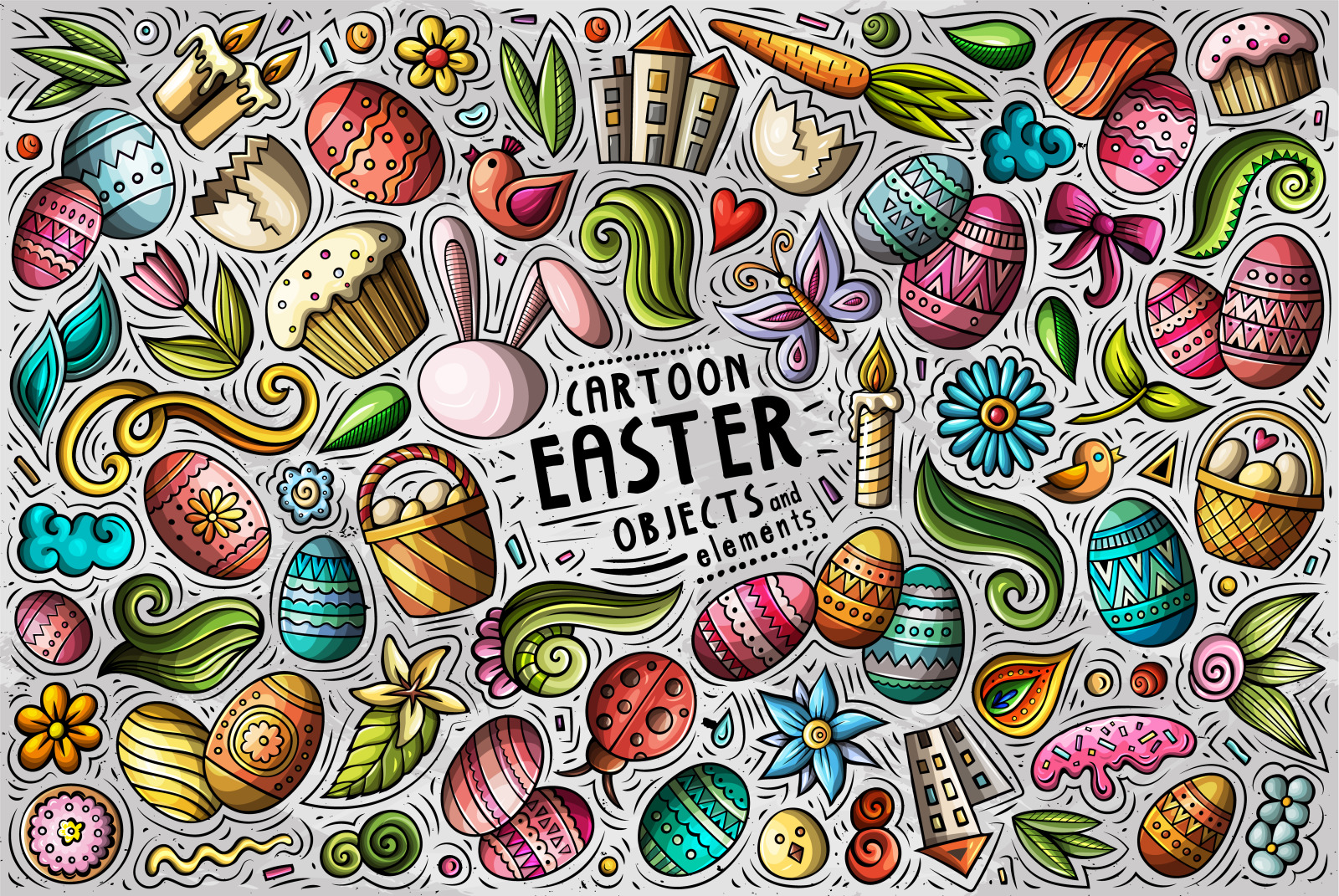 HAPPY EASTER Cartoon Vector Objects Set