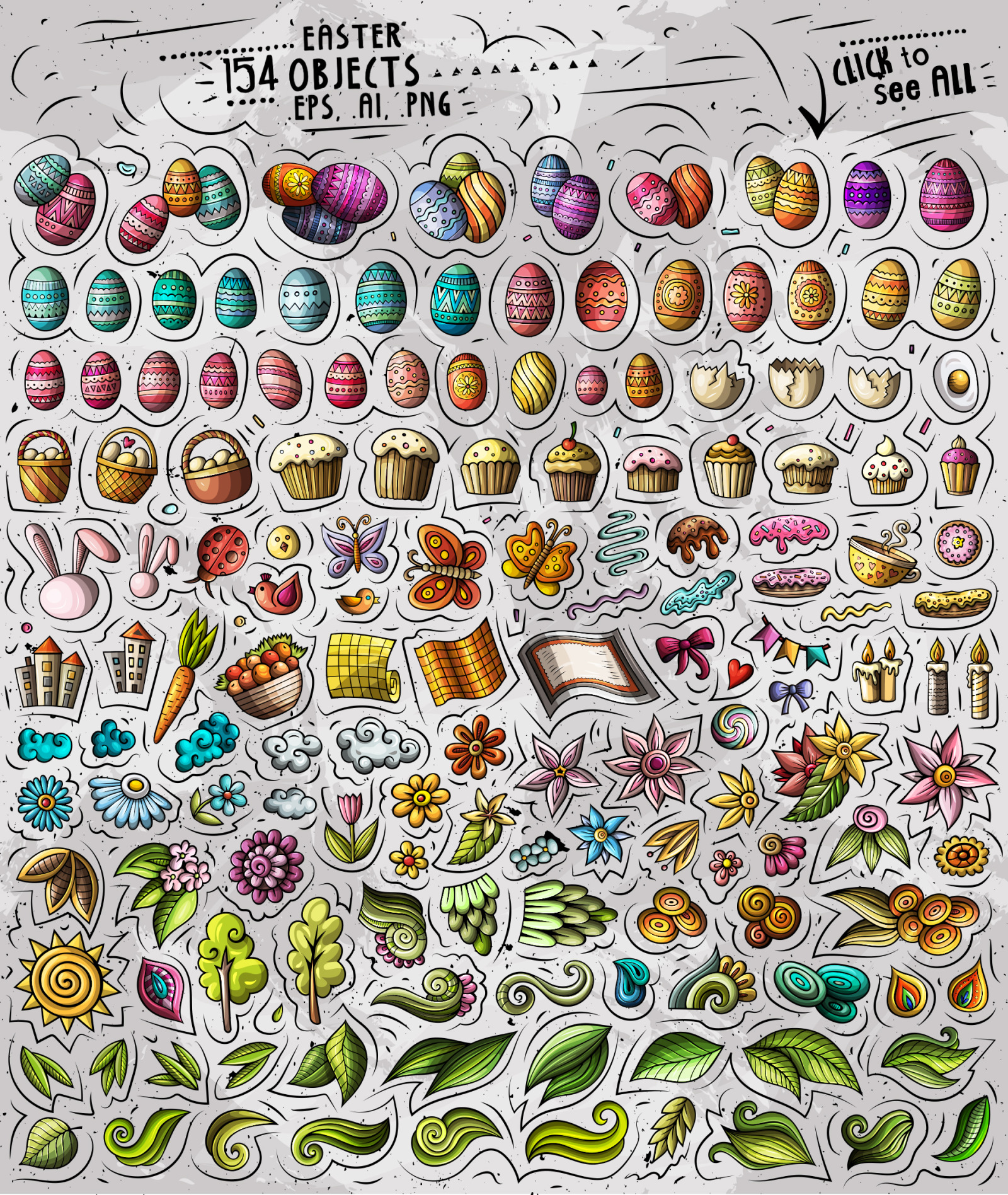 HAPPY EASTER Cartoon Vector Objects Set