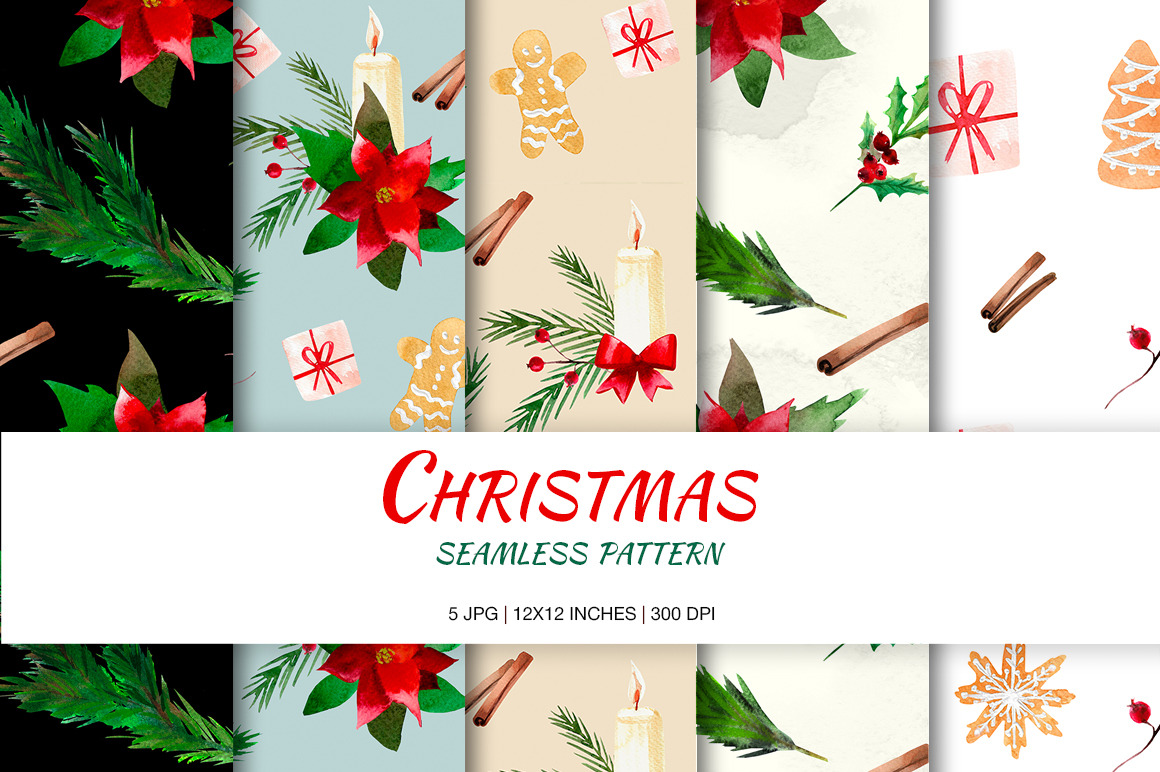 Watercolor Christmas seamless pattern, Xmas Digital Papers with Christmas symbol