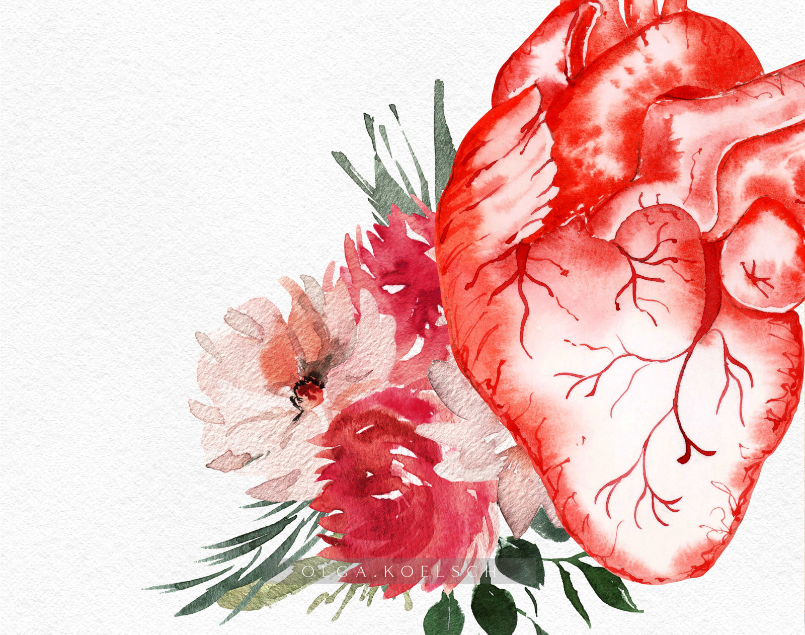 Watercolor anatomical heart clipart, Valentine clipart with watercolor flowers and heart