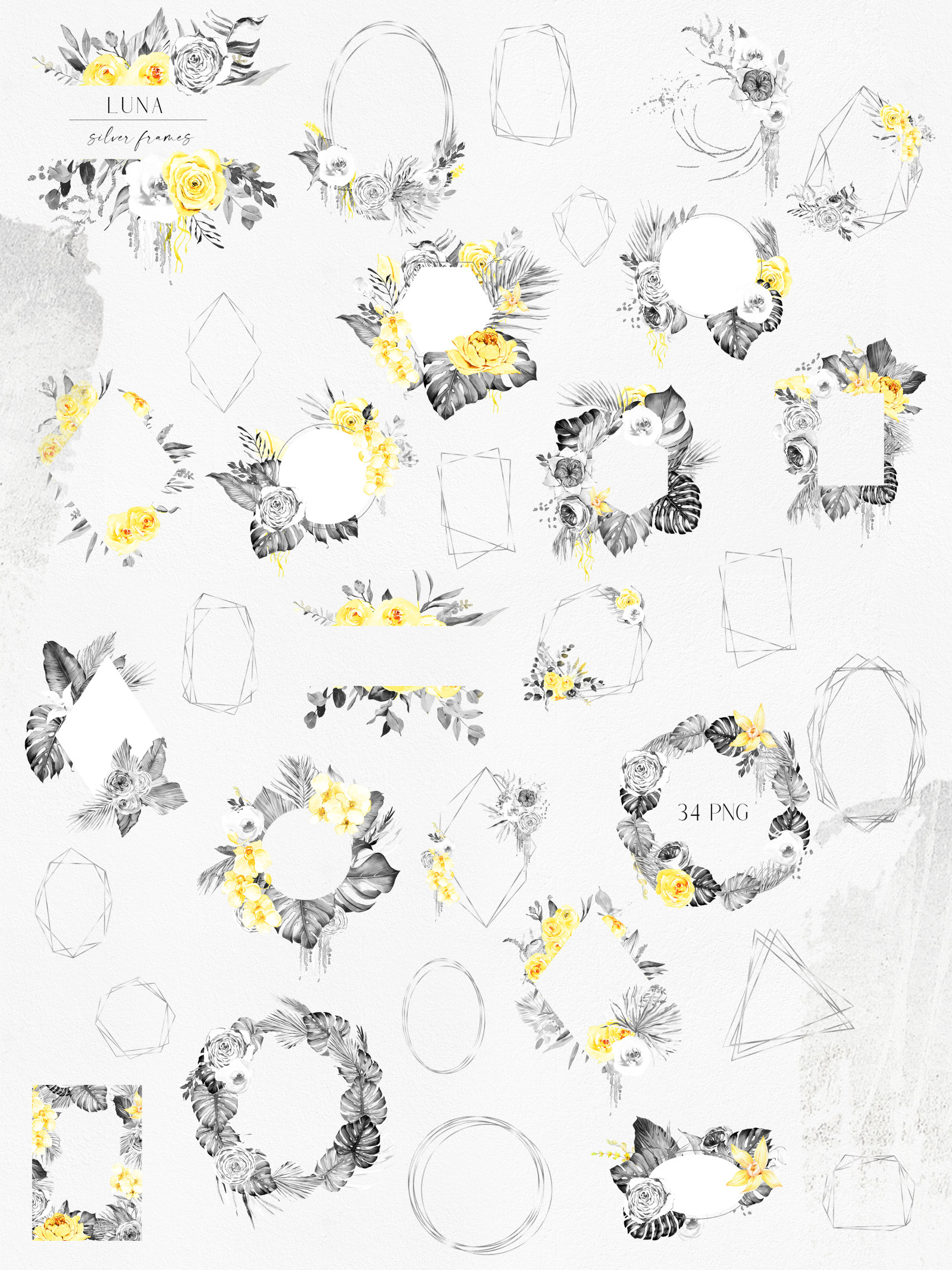 Boho tropical watercolor floral clipart, black and white flowers, yellow roses clipart, palm tree