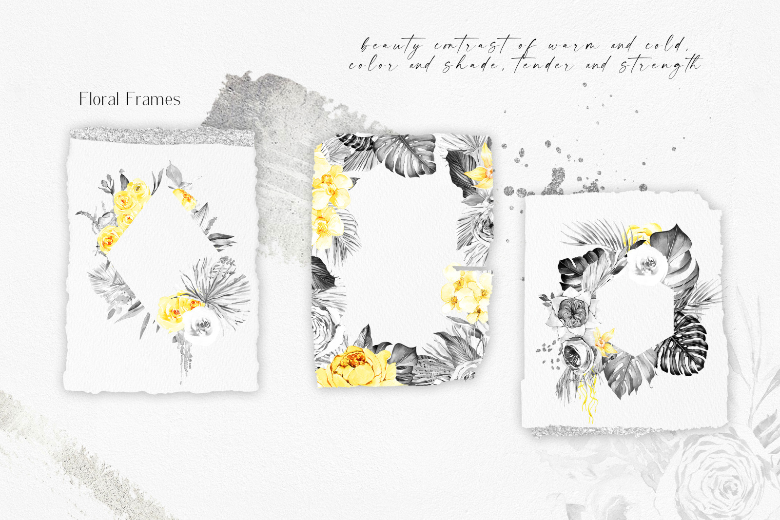 Boho tropical watercolor floral clipart, black and white flowers, yellow roses clipart, palm tree