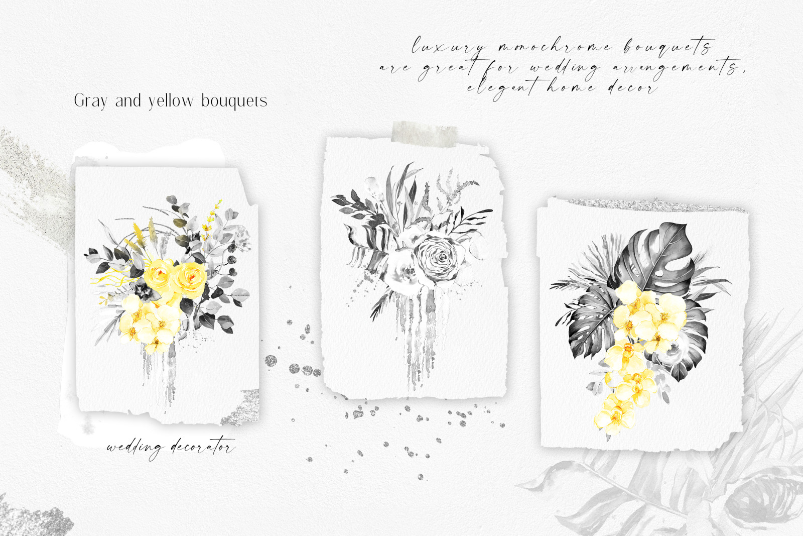 Boho tropical watercolor floral clipart, black and white flowers, yellow roses clipart, palm tree