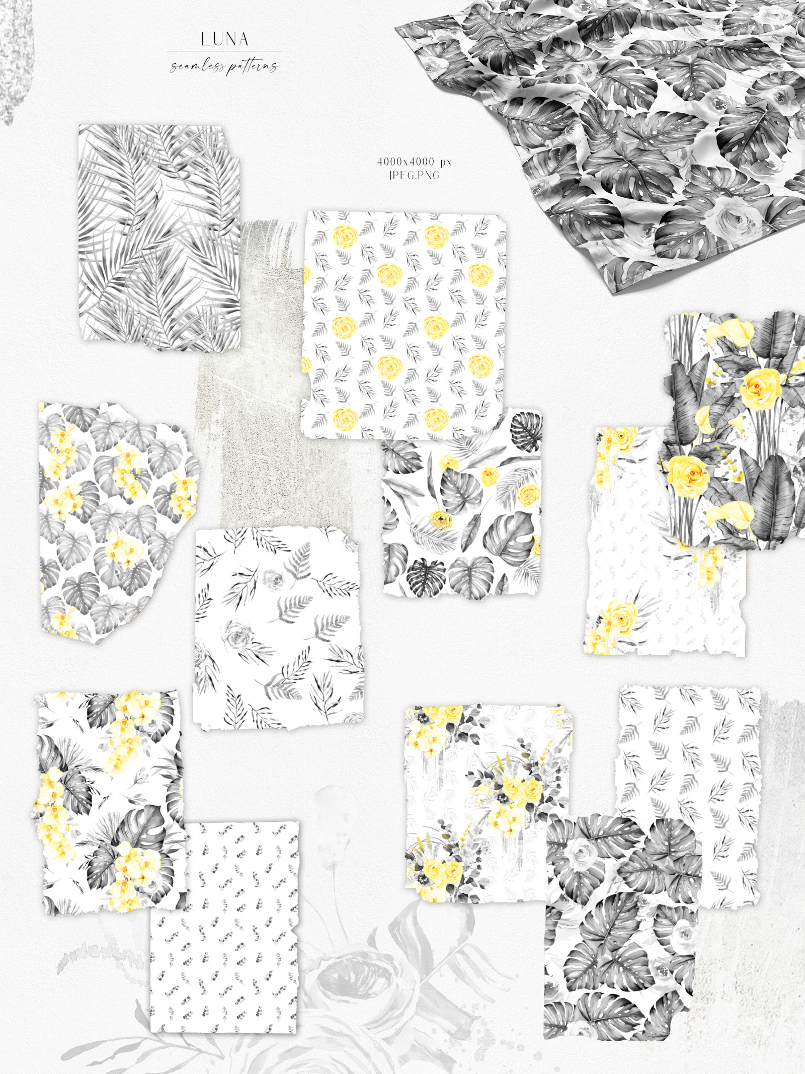 Boho tropical watercolor floral clipart, black and white flowers, yellow roses clipart, palm tree