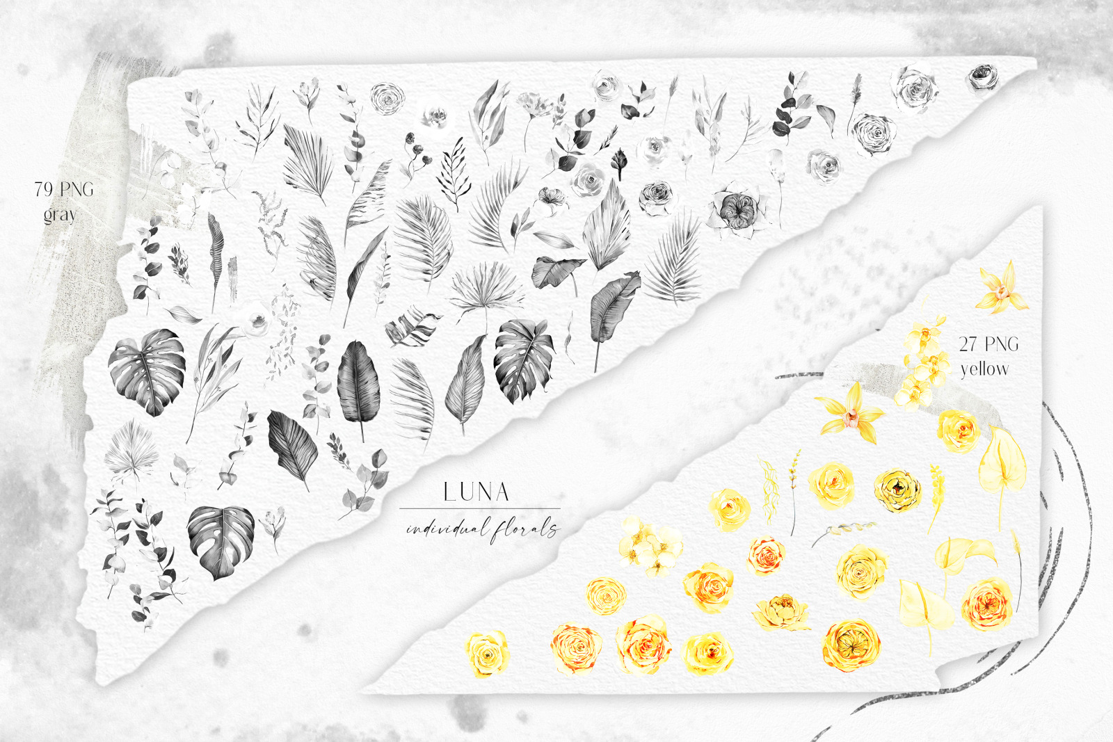 Boho tropical watercolor floral clipart, black and white flowers, yellow roses clipart, palm tree