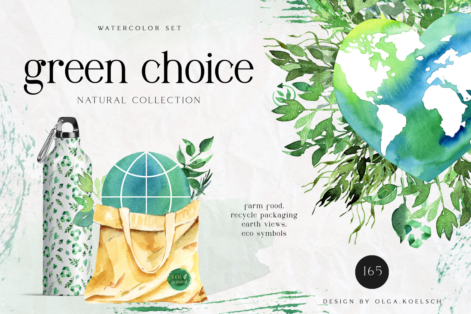 Watercolor Earth day clipart, greenery clipart for eco shop labels, planner clipart, reuse sign