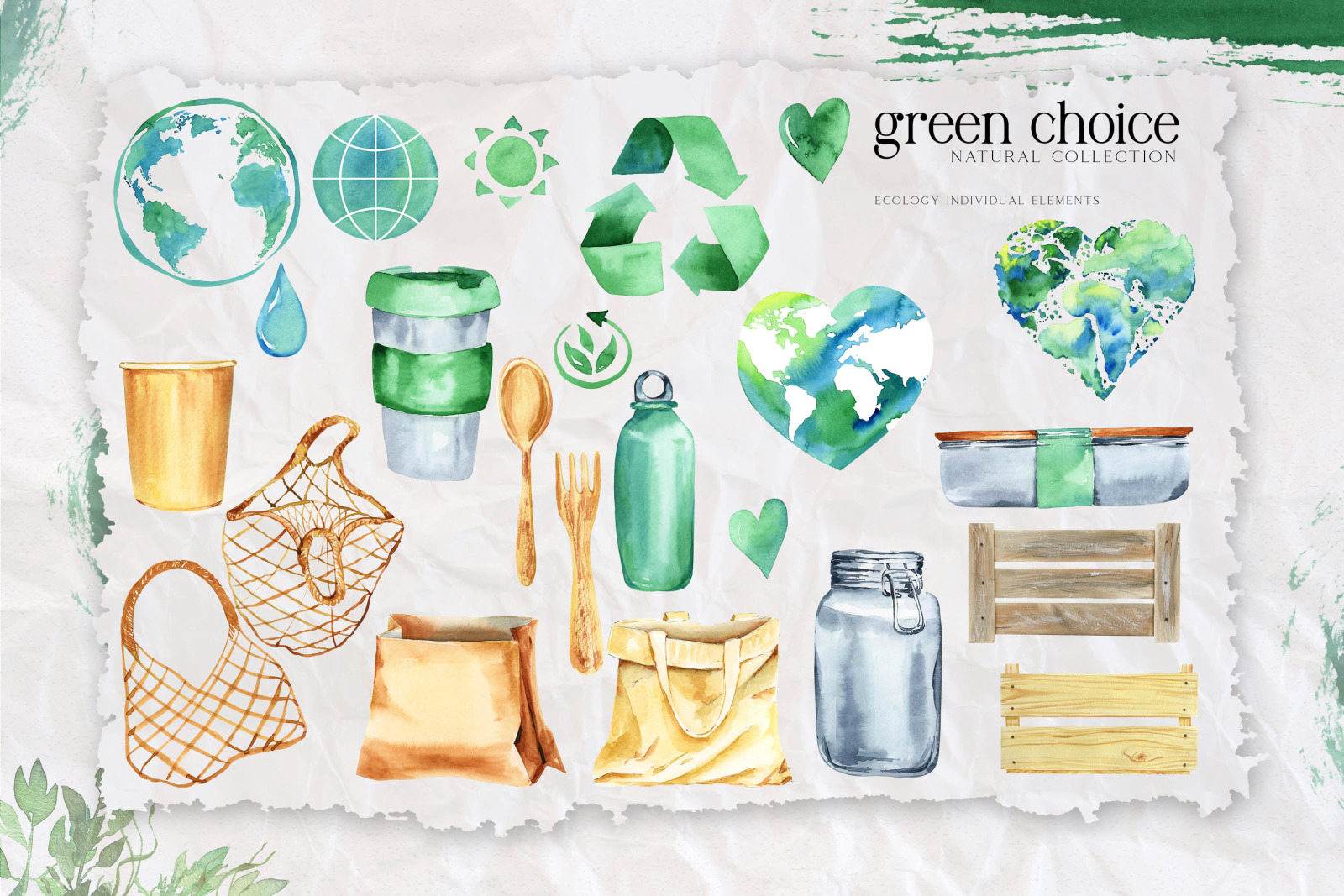 Watercolor Earth day clipart, greenery clipart for eco shop labels, planner clipart, reuse sign