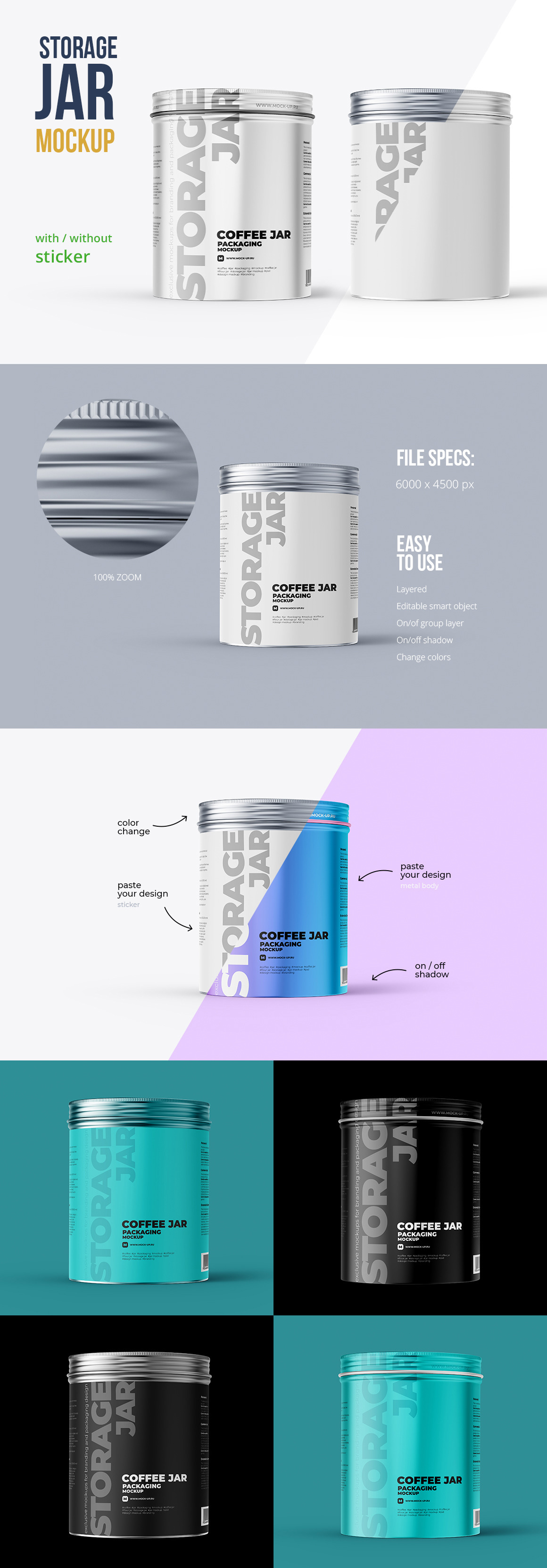 Metallic Storage Closed Jar. Front view 2 PSD