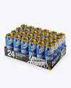 Transparent Pack with 24 Glossy Alminium Cans Mockup - Half Side View (High-Angle Shot)