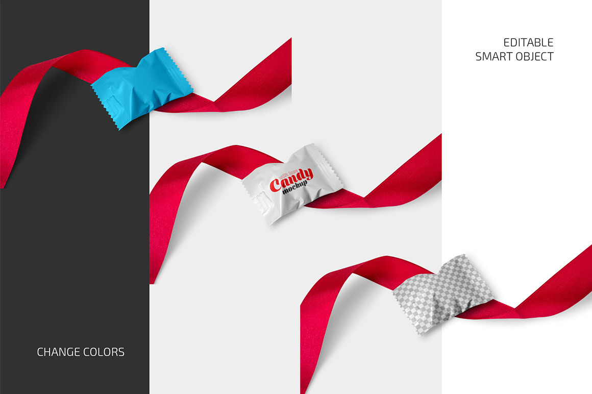 Matte Candy with Red Ribbon Mockup Set Matte Candy with Red Ribbon Mockup Set