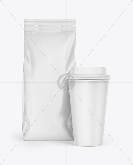 Glossy Coffee Bag with Cup Mockup - Front View