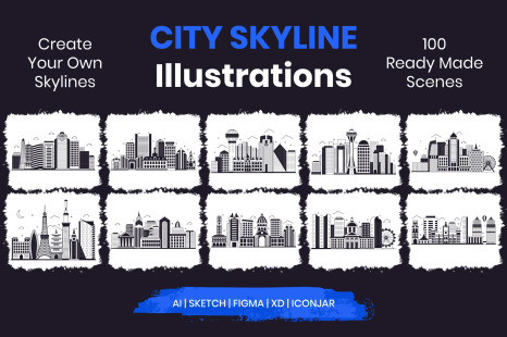 100 City Skyline Vector Illustration - Glyph illustrations