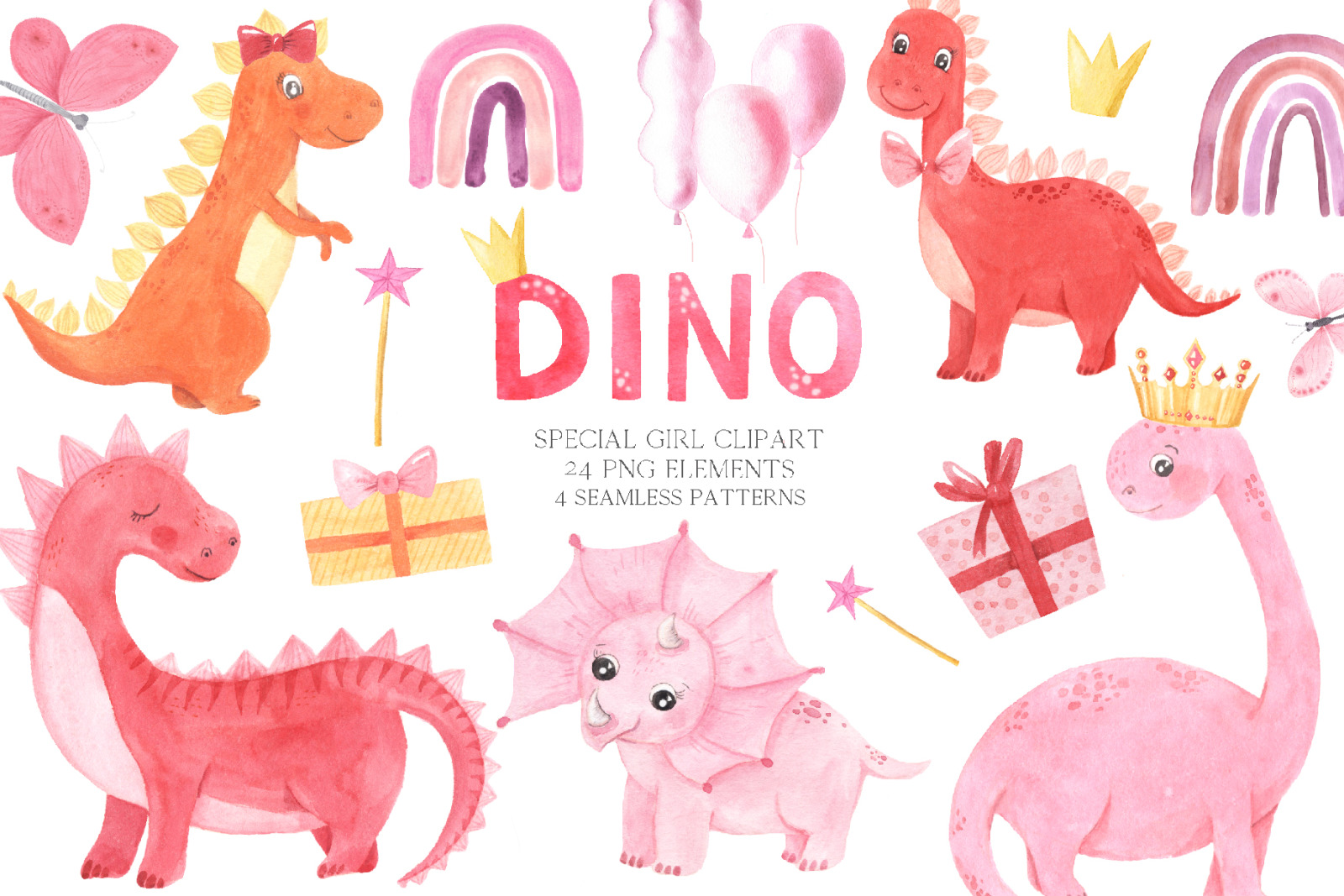 Watercolor Dinosaurs Girl clipart